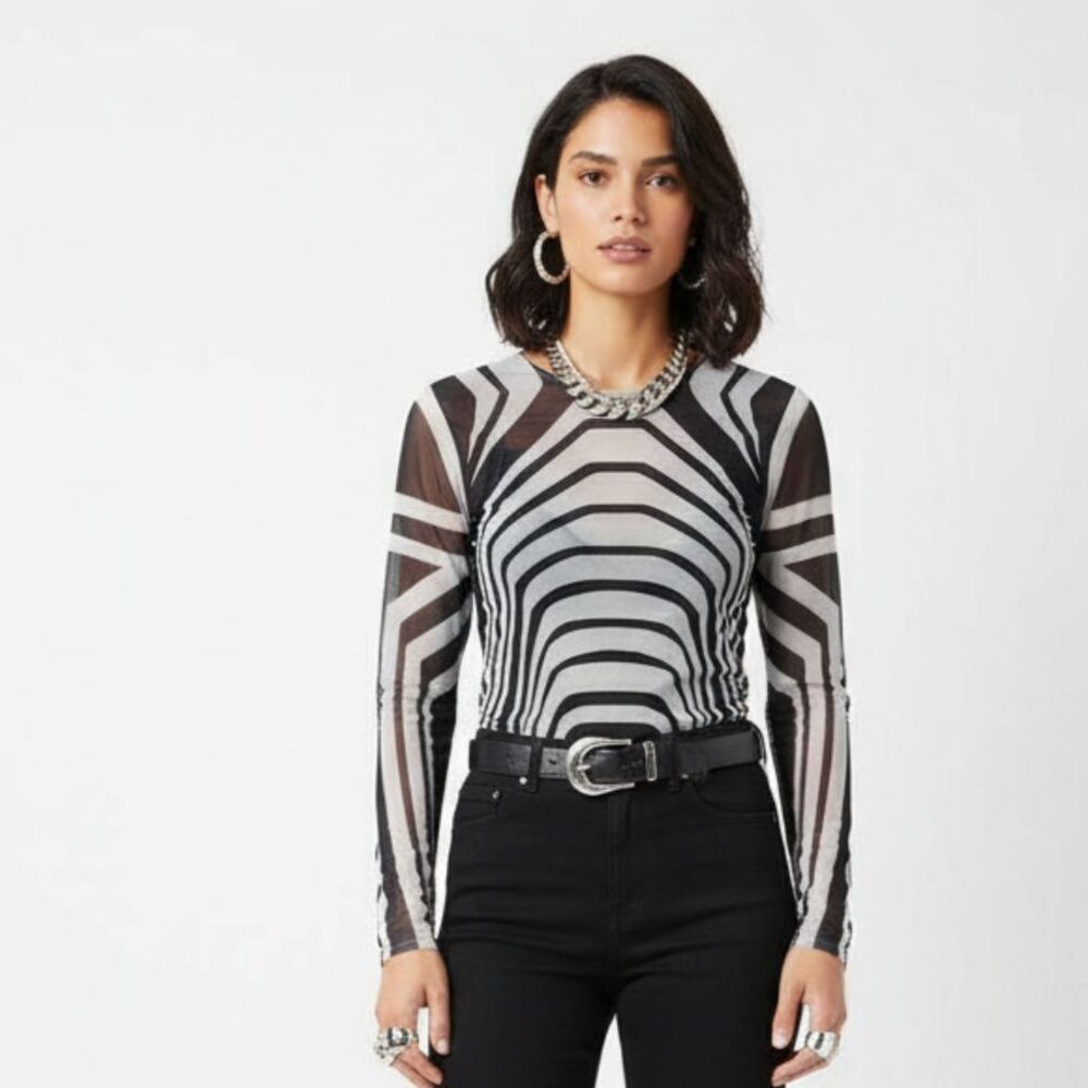 Catherine Malandrino Black & Gray Long Sleeve Sheer Netted Nylon Layered Top S